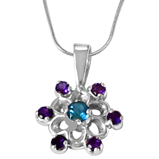 Flower Shaped Purple Amethyst, Blue Topaz & 925 Sterling Silver Pendant with 18 IN Chain (SDP475)