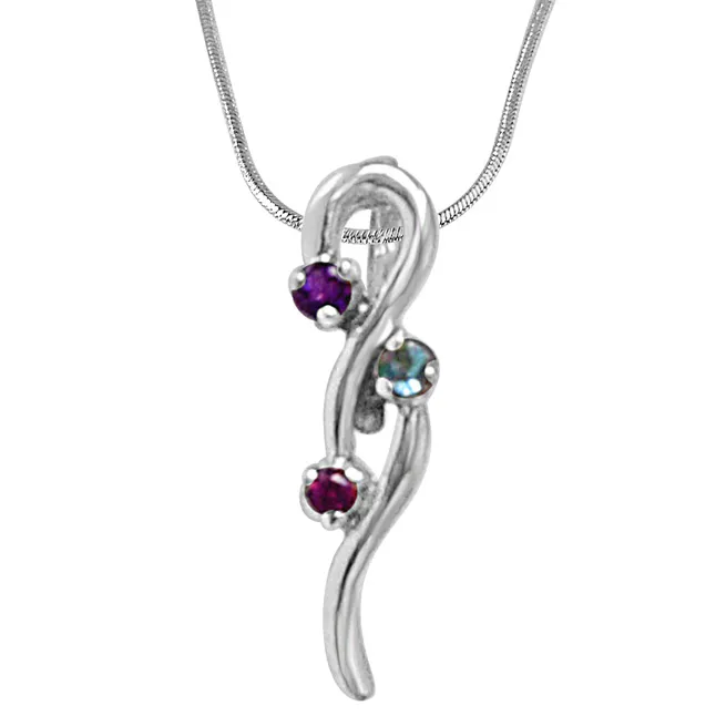 Curvacious Beauty Purple Amethyst, Blue Topaz, Pink Rhodolite & 925 Sterling Silver Pendant with 18 IN Chain (SDP476)