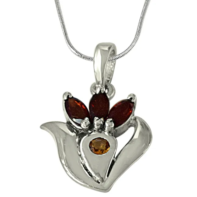 Flower Shaped Red Garnet, Yellow Tourmaline & 925 Sterling Silver Pendant with 18 IN Chain (SDP478)