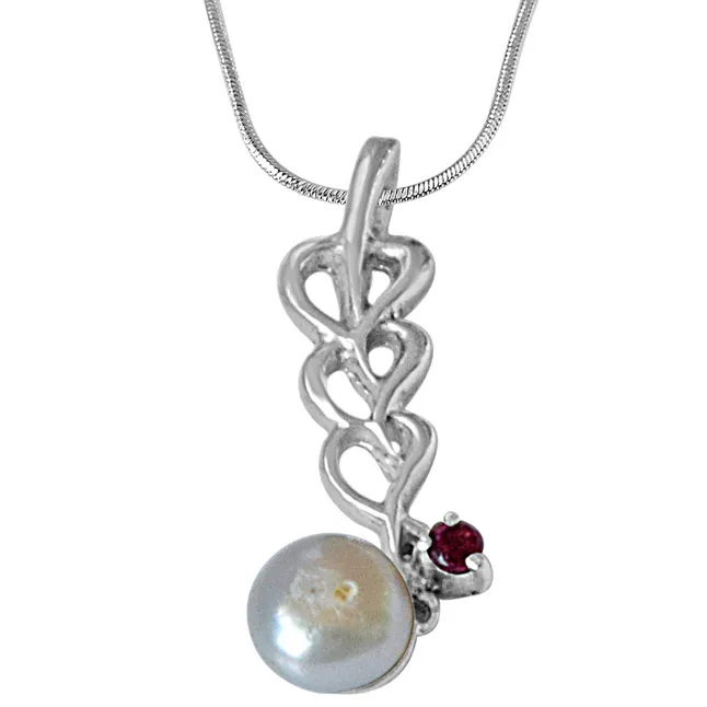 Heart Shaped Pearl, Rhodolite & 925 Sterling Silver Pendant with 18 IN Chain (SDP479)