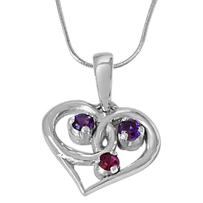 Heart Shaped Purple Amethyst, Pink Rhodolite & 925 Sterling Silver Pendant with 18 IN Chain (SDP480)