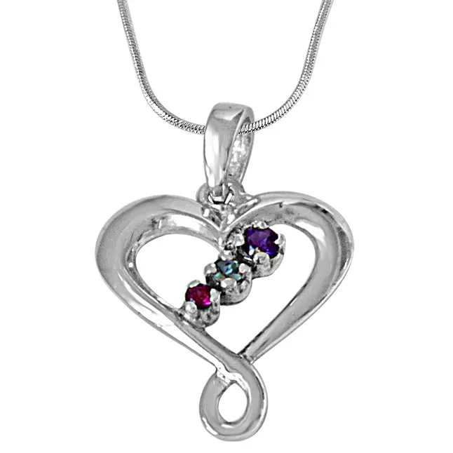 Crossed Heart Blue Topaz, Purple Amethyst, Pink Rhodolite & 925 Sterling Silver Pendant with 18 IN Chain (SDP481)