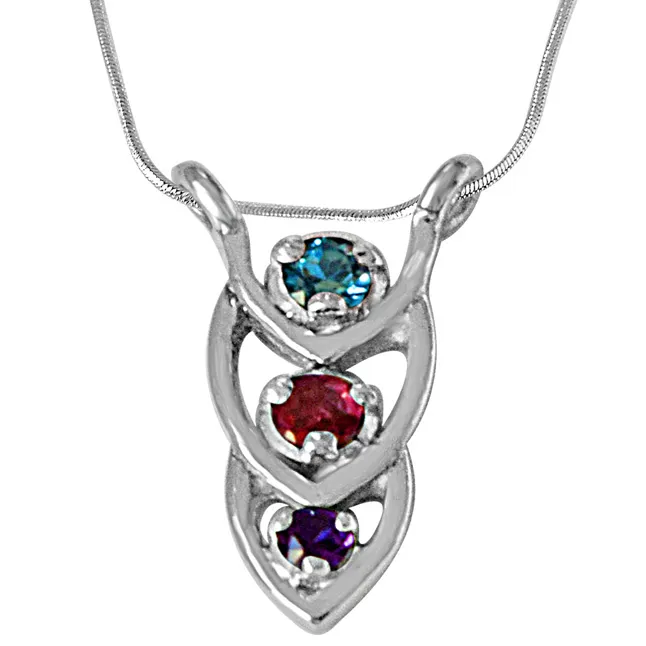 Coloured Drops Blue Topaz, Purple Amethyst, Pink Tourmaline & 925 Sterling Silver Pendant with 18 IN Chain (SDP482)