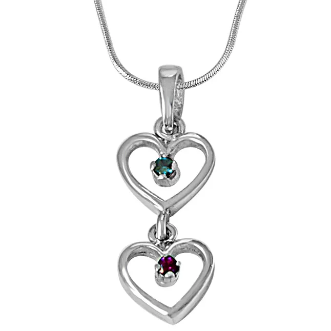 Dangling Heart Blue Topaz, Pink Rhodolite & 925 Sterling Silver Pendant with 18 IN Chain (SDP483)