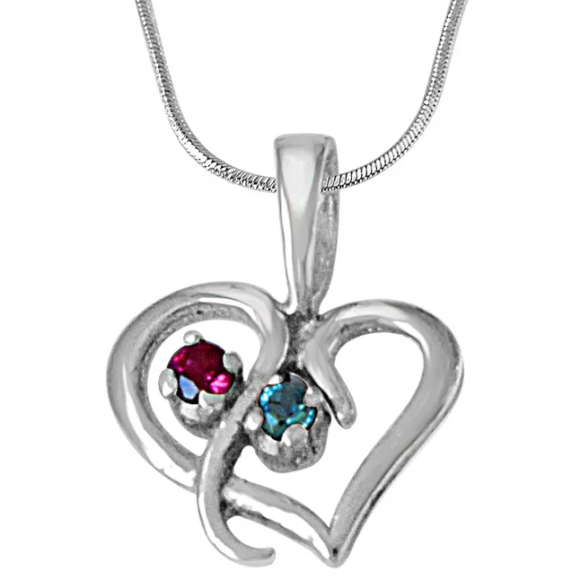 Delicate Heart Blue Topaz, Pink Rhodolite & 925 Sterling Silver Pendant with 18 IN Chain (SDP484)