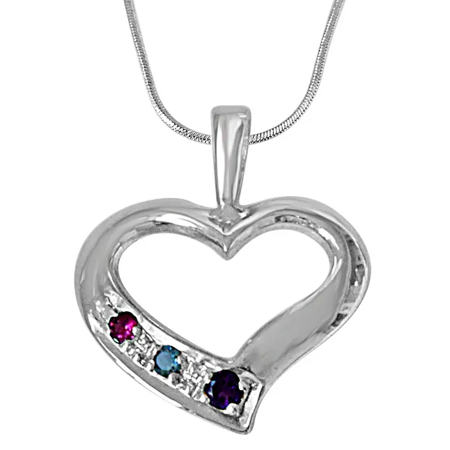 Dainty Heart Blue Topaz, Purple Amethyst Pink Rhodolite & 925 Sterling Silver Pendant with 18 IN Chain (SDP485)