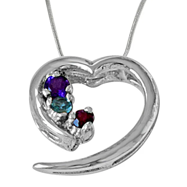 Trendy Heart Blue Topaz, Purple Amethyst, Pink Rhodolite & 925 Sterling Silver Pendant with 18 IN Chain (SDP486)