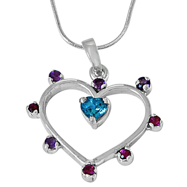 Heart Shaped Blue Topaz, Purple Amethyst, Pink Rhodolite & 925 Sterling Silver Pendant with 18 IN Chain (SDP488)