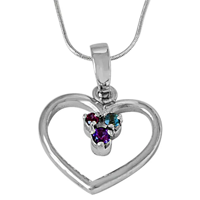 Sparkling Heart Blue Topaz, Purple Amethyst, Pink Rhodolite & 925 Sterling Silver Pendant with 18 IN Chain (SDP489)