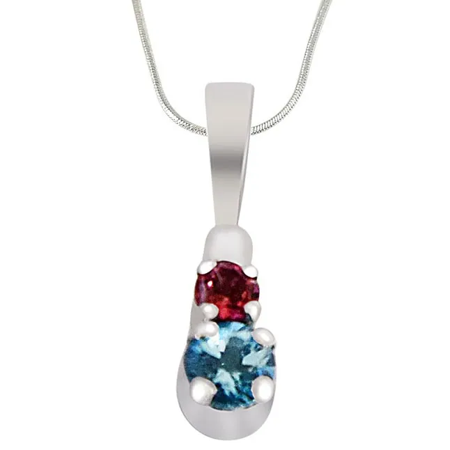 Round Blue Topaz & Pink Tourmaline  in 925 Sterling Silver Pendant with 18 IN Chain (SDP490)