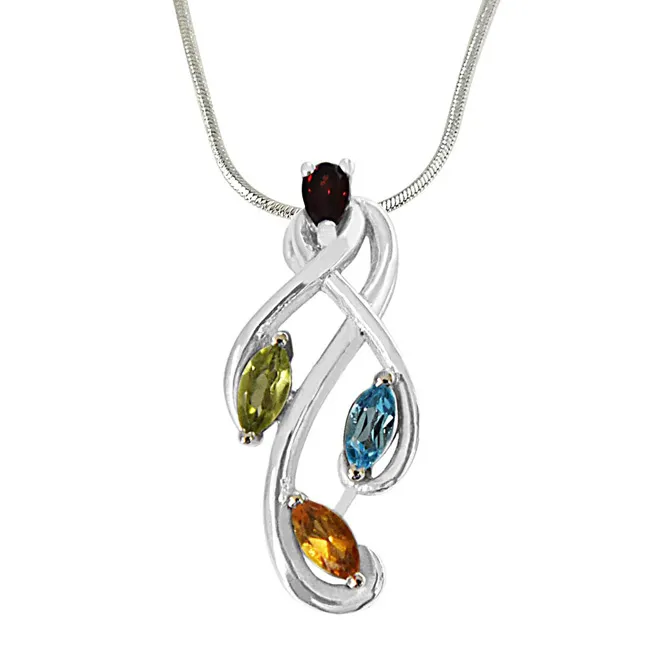 Beautiful Pear Shaped Red Garnet, Green Peridot, Blue & Yellow Topaz in 925 Sterling Silver Pendant with 18 IN Chain (SDP492)