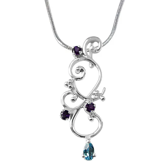 Flower Shaped Pear Blue Toapz & Purple Amethyst in 925 Sterling Silver Pendant with 18 IN Chain (SDP494)