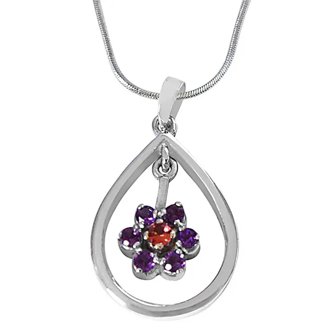 Round Purple Amethyst & Pink Tourmaline  in 925 Sterling Silver Pendant with 18 IN Chain (SDP495)