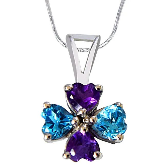 Flower Shaped Heart Blue Topaz & Purple Amethyst 925 Sterling Silver Pendant with 18 IN Chain (SDP497)