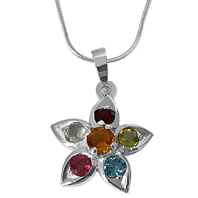 Beautiful Star Shaped Precious Gemstones set in 925 Sterling Silver Pendant with 18 IN Chain (SDP501)