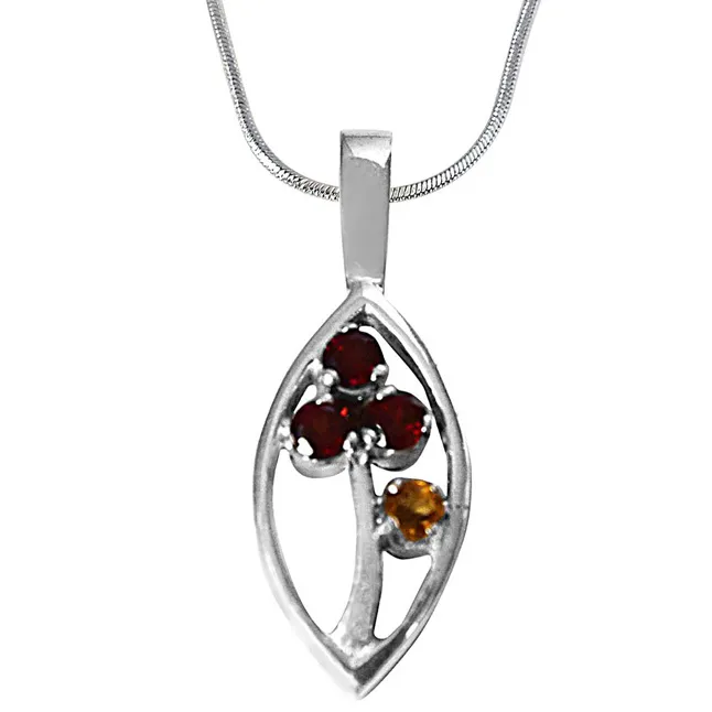 Red Round Garnet & Yellow Tourmaline in 925 Sterling Silver Marquise  Pendant with 18 IN Chain (SDP504)