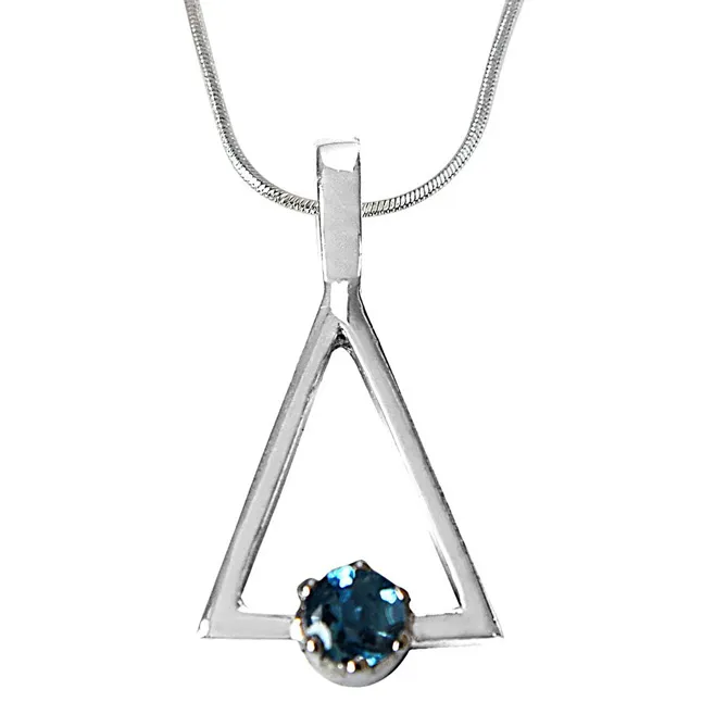 Round Blue Topaz in 925 Sterling Silver Triangle Pendant with 18 IN Chain (SDP505)