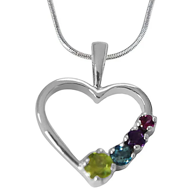 Peridot, Topaz, Amethyst & Rhodolite in Heart Shaped 925 Sterling Silver Pendant with 18 IN Chain (SDP508)