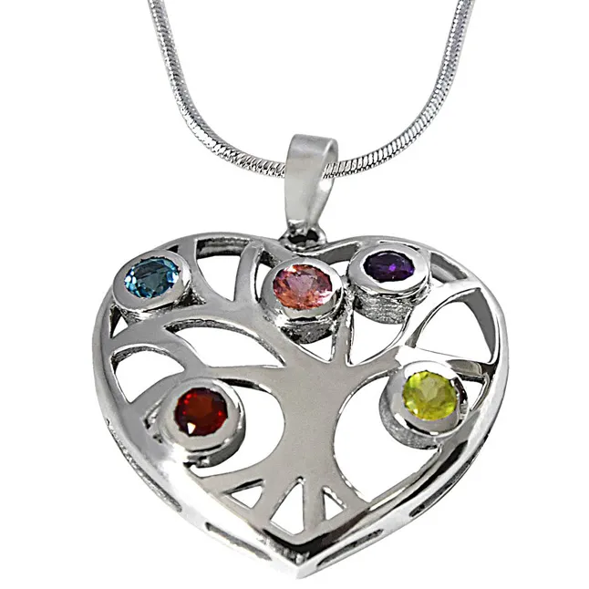 Precious Gemstones in 925 Sterling Silver Heart Pendant with 18 IN Chain (SDP509)