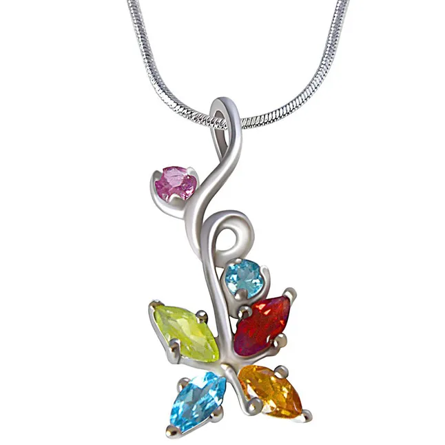 Beautiful Multi Colored Precious Gemstones in 925 Sterling Silver Pendant 18 IN Chain (SDP511)