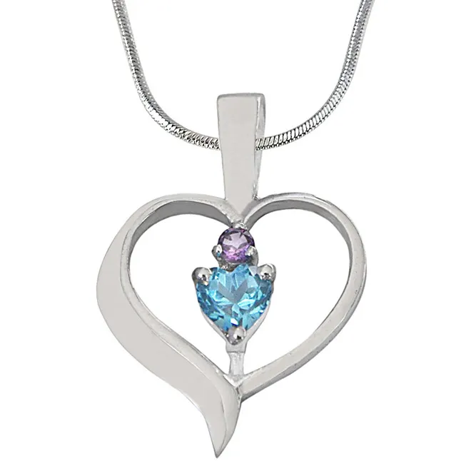 Heart Shaped Blue Topaz & Purple Amethyst in 925 Sterling Silver Pendant with 18 IN Chain (SDP512)