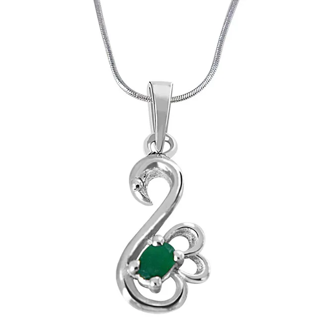 Green Oval Emerald in Peacock Shape 925 Sterling Silver Pendant for girls with 18 IN Chain (SDP513)