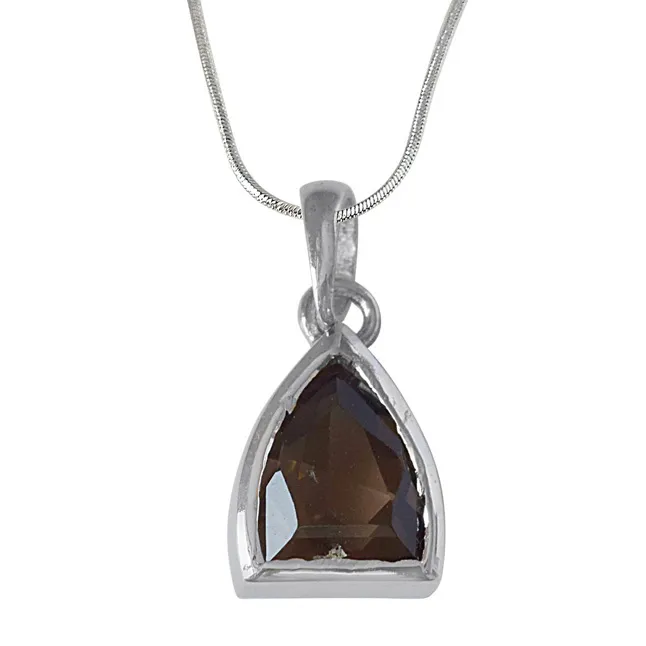 Pointed Dome Shaped Smokey Topaz and 925 Sterling Silver Pendant with 18 IN Chain (SDP524)