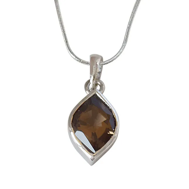 Marquise Shaped Smokey Topaz and 925 Sterling Silver Pendant with 18 IN Chain (SDP526)