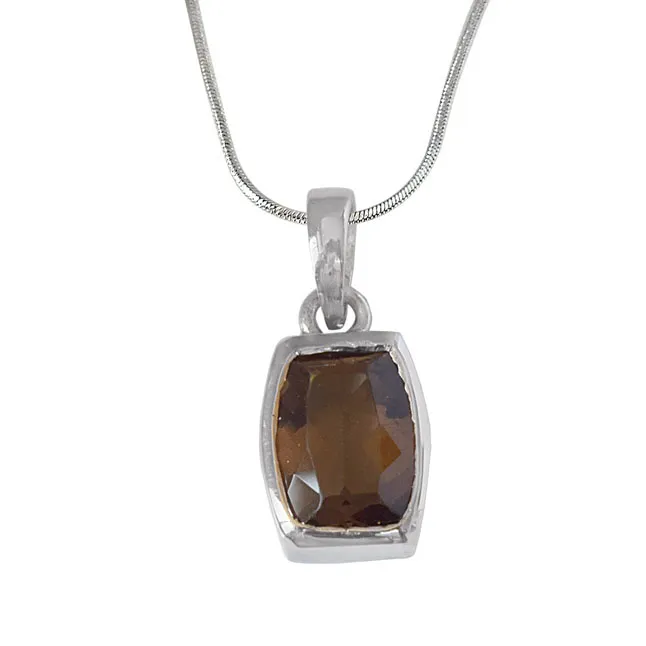 Ovalish Rectangle Shaped Smokey Topaz and 925 Sterling Silver Pendant with 18 IN Chain (SDP527)