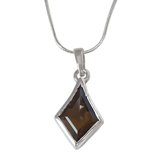 Kite Shaped Brown Smokey Topaz and 925 Sterling Silver Pendant with 18 IN Chain (SDP528)