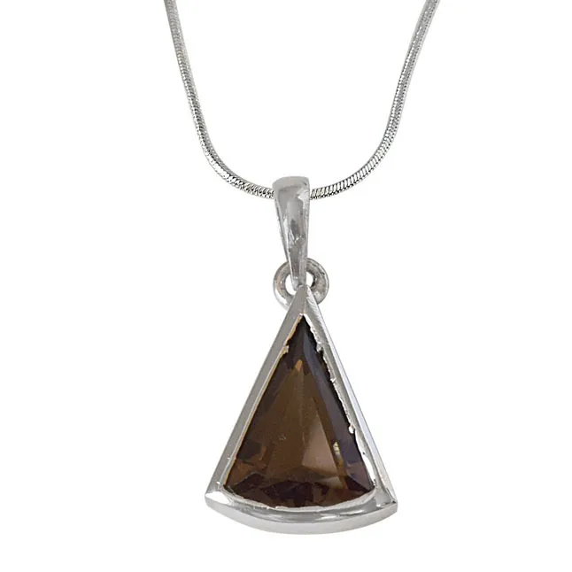 Triangle Shaped Smokey Topaz and 925 Sterling Silver Pendant with 18 IN Chain (SDP531)