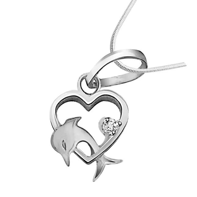 Dolphin Heart - Real Diamond & Sterling Silver Pendant with 18 IN Chain (SDP88)