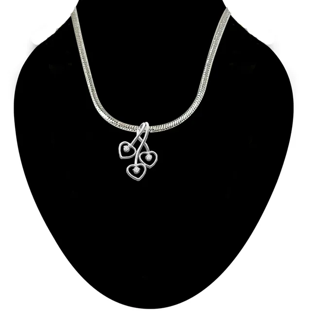 Triple Heart Delight - Real Diamond & Sterling Silver Pendant with 18 IN Chain (SDP1)