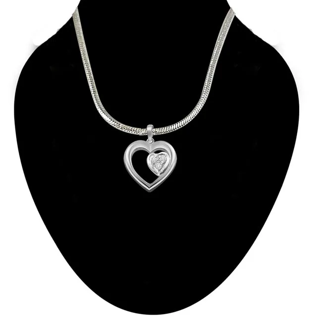 Dual Hearts - Real Diamond & Sterling Silver Pendant with 18 IN Chain (SDP143)