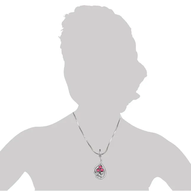 Trinking Love - Real Diamond, Red Ruby & Sterling Silver Pendant with 18 IN Chain (SDP173)