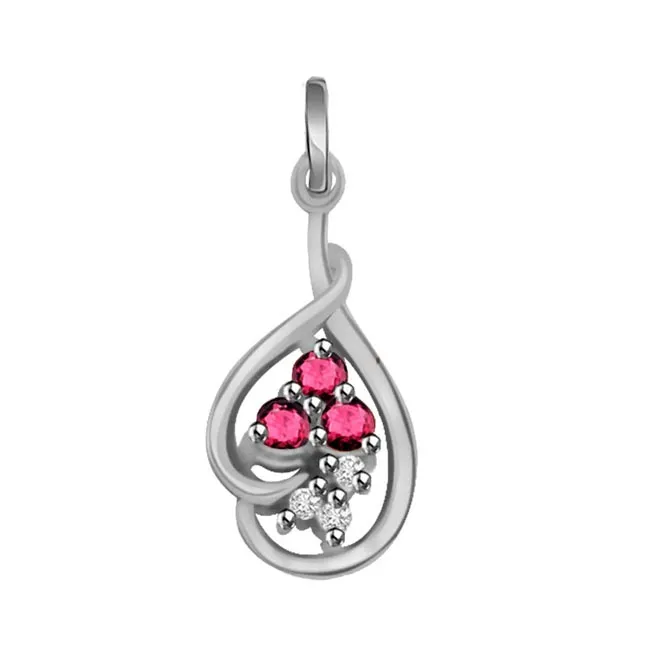 Trinking Love - Real Diamond, Red Ruby & Sterling Silver Pendant with 18 IN Chain (SDP173)