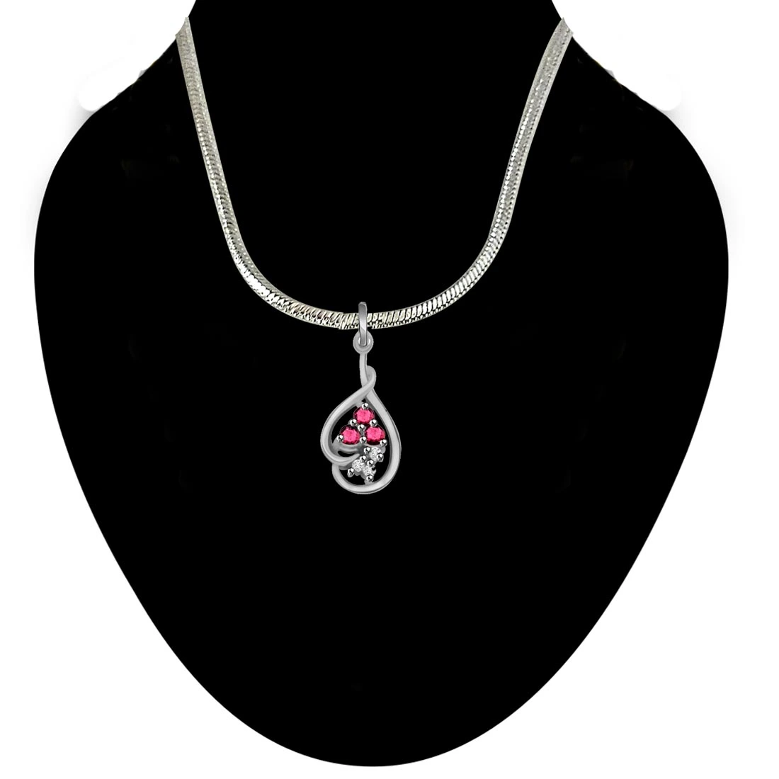Trinking Love - Real Diamond, Red Ruby & Sterling Silver Pendant with 18 IN Chain (SDP173)