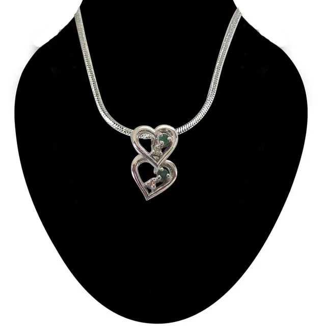 Lifetime of Love - Real Diamond Green Emerald & Silver Pendant with 18 IN Chain (SDP174)