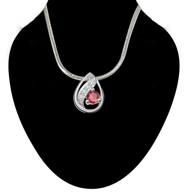 Bowl of Fun - Red Ruby, Real Diamond & Sterling Silver Pendant with 18 IN Chain (SDP175)