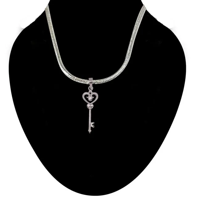 Love Key Sterling Silver Real Diamond Pendant with 18 IN Chain (SDP182)