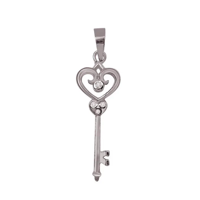 Love Key Sterling Silver Real Diamond Pendant with 18 IN Chain (SDP182)