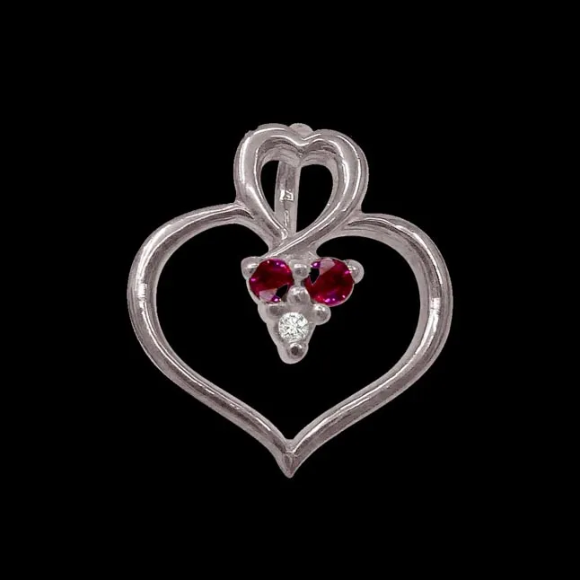 Rosy Heart - Real Diamond, Red Ruby & Sterling Silver Pendant with 18 IN Chain (SDP184)