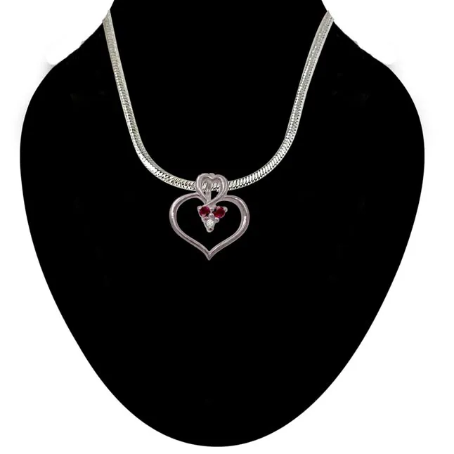 Rosy Heart - Real Diamond, Red Ruby & Sterling Silver Pendant with 18 IN Chain (SDP184)