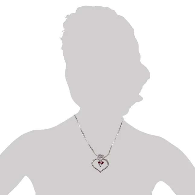 Rosy Heart - Real Diamond, Red Ruby & Sterling Silver Pendant with 18 IN Chain (SDP184)