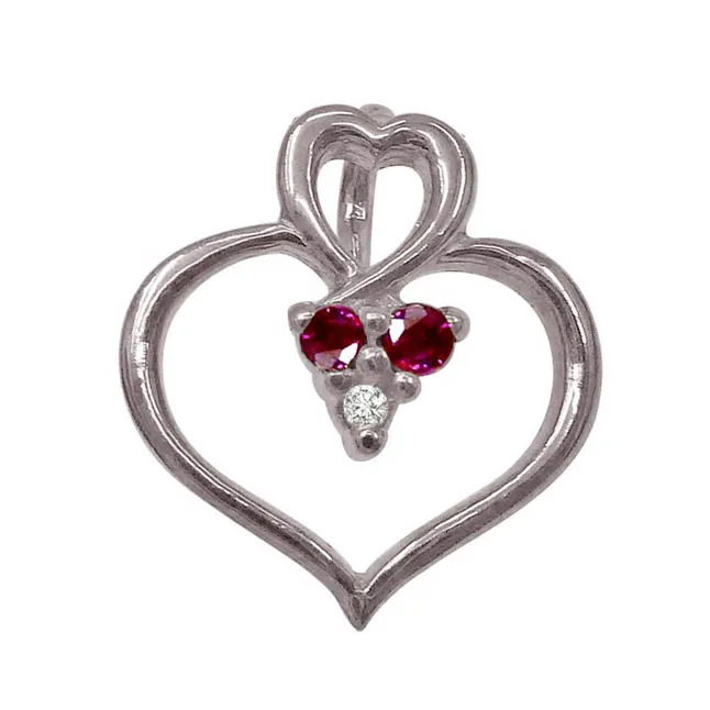 Rosy Heart - Real Diamond, Red Ruby & Sterling Silver Pendant with 18 IN Chain (SDP184)