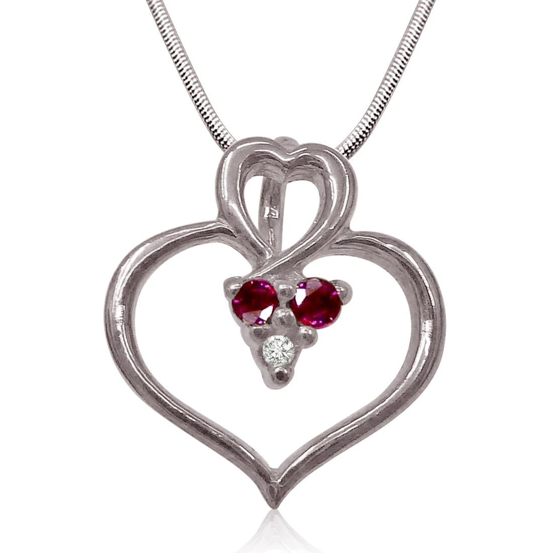 Rosy Heart - Real Diamond, Red Ruby & Sterling Silver Pendant with 18 IN Chain (SDP184)
