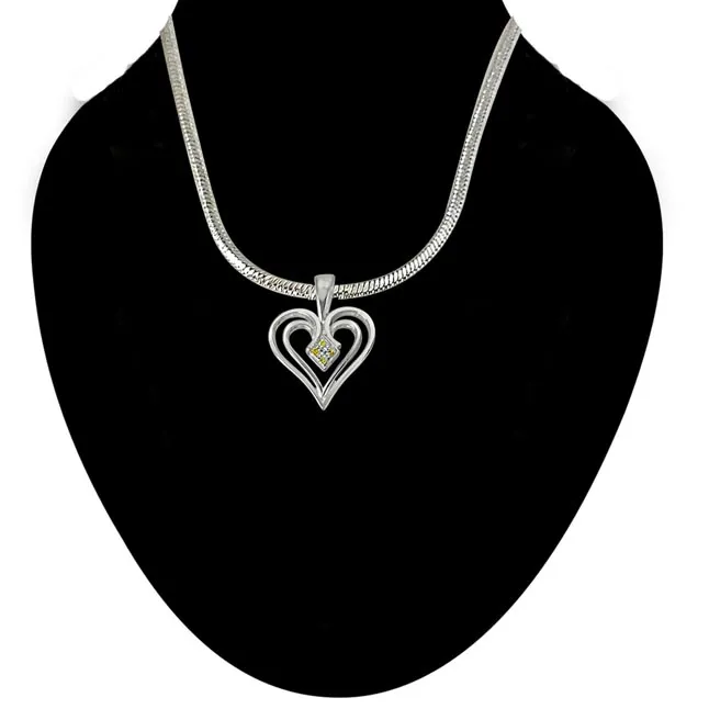 Dual Heart - Real Diamond & Sterling Silver Pendant with 18 IN Chain (SDP185)