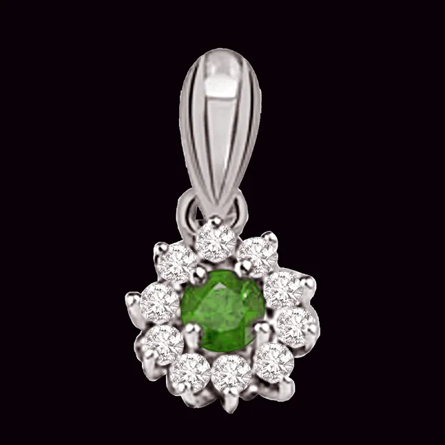 Green Garden - Real Diamond, Green Emerald & Sterling Silver Pendant with 18 IN Chain (SDP187)