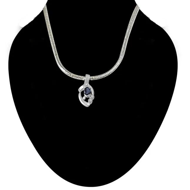 Sparks of Passion - Sterling Silver Real Blue Oval Sapphire Pendant with 18 IN Chain (SDP214)