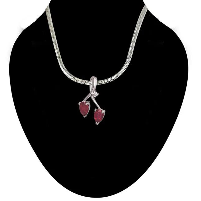 Candid Crystal - Real Diamond, Red Ruby & Sterling Silver Pendant with 18 IN Chain (SDP215)